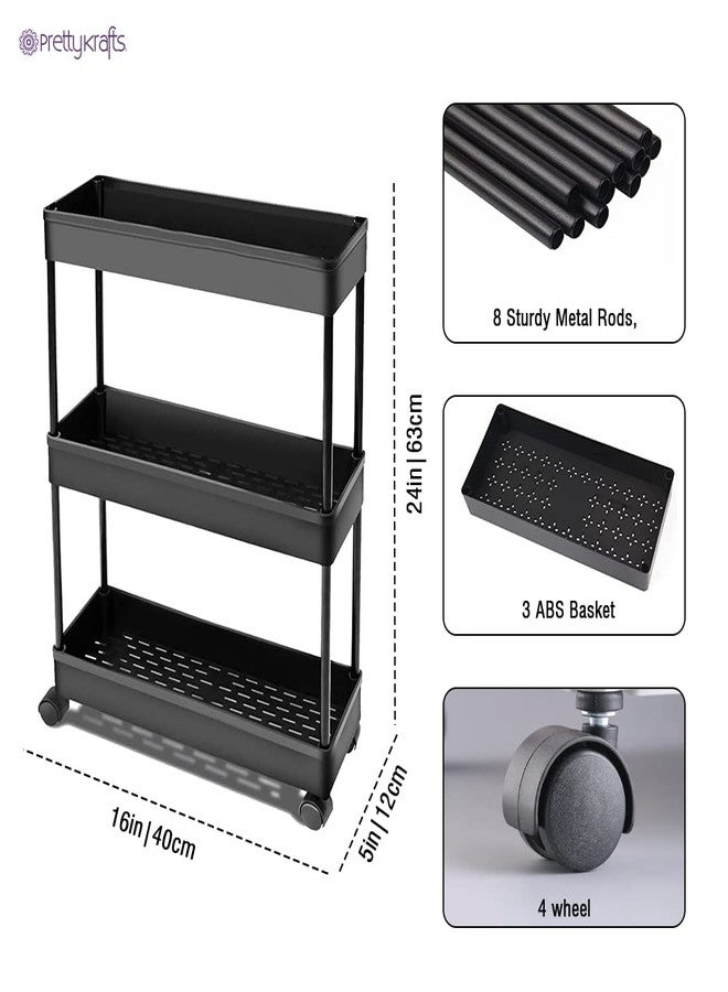 PrettyKrafts 3 Tier Multipurpose Plastic Storage Organizer Slim Rack Shelf with Wheels | Slim Slide Out Kitchen Trolley Rack Holder Storage Organizer for Kitchen, Bathroom (Black) - Image 2